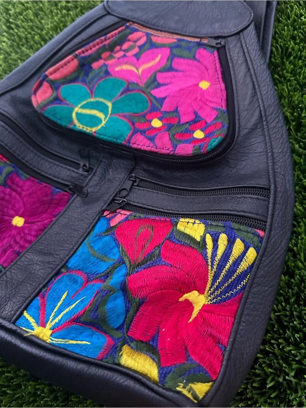 Embroidered Floral Black Leather Backpack - Vibrant Multicolor Panels
